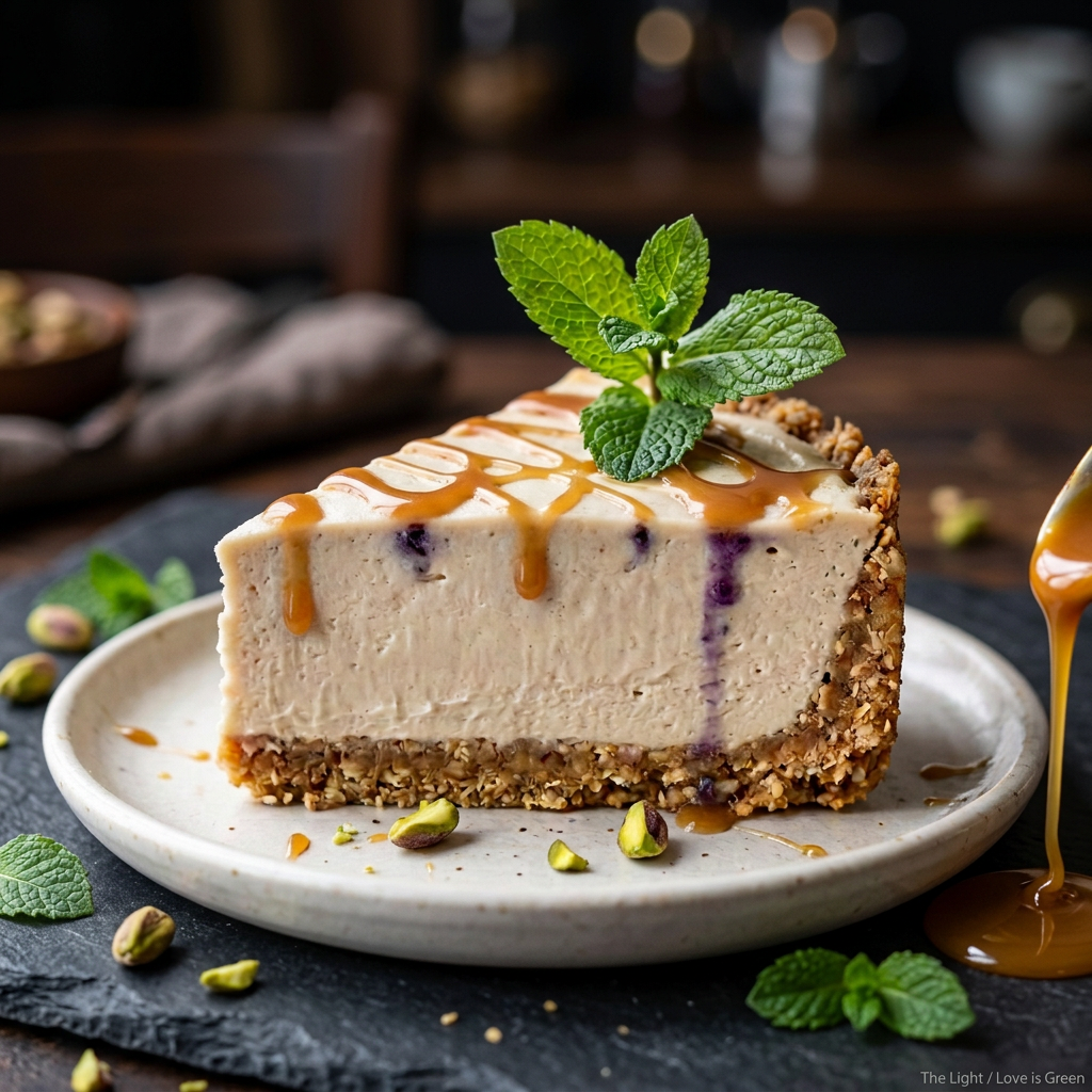 Vegan cheesecake lifestyle dark slate caramel drizzle