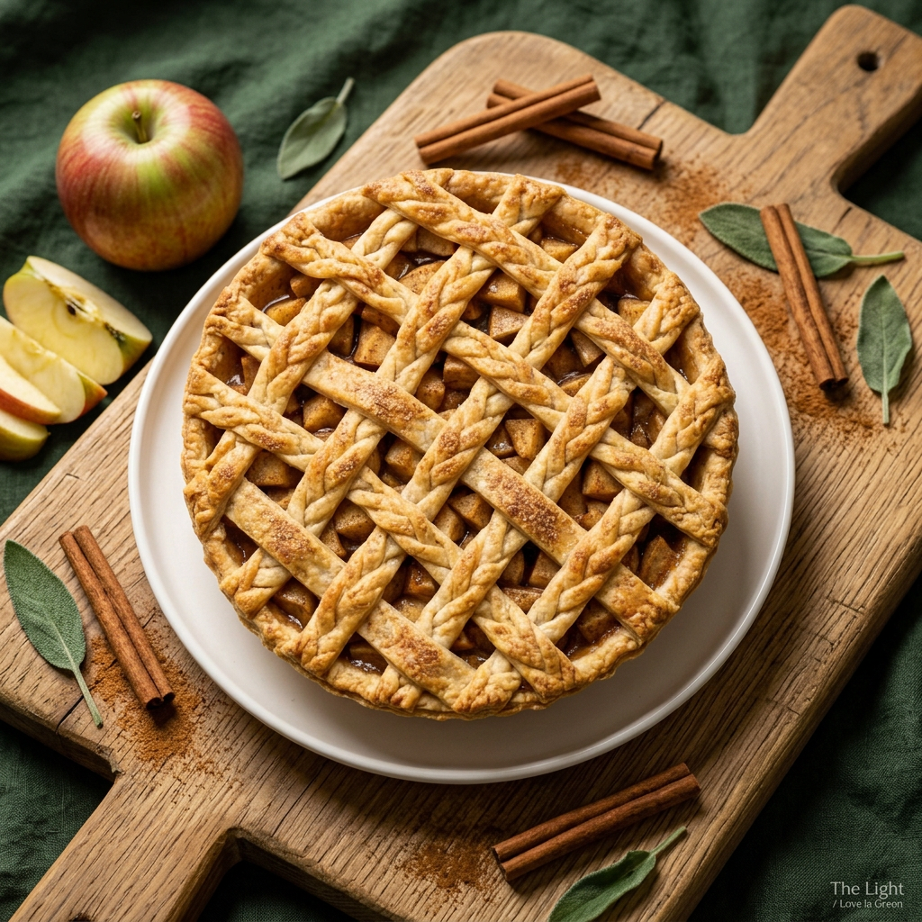 Apple pie lifestyle on oak board with green linen