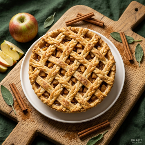 Apple pie lifestyle on oak board with green linen