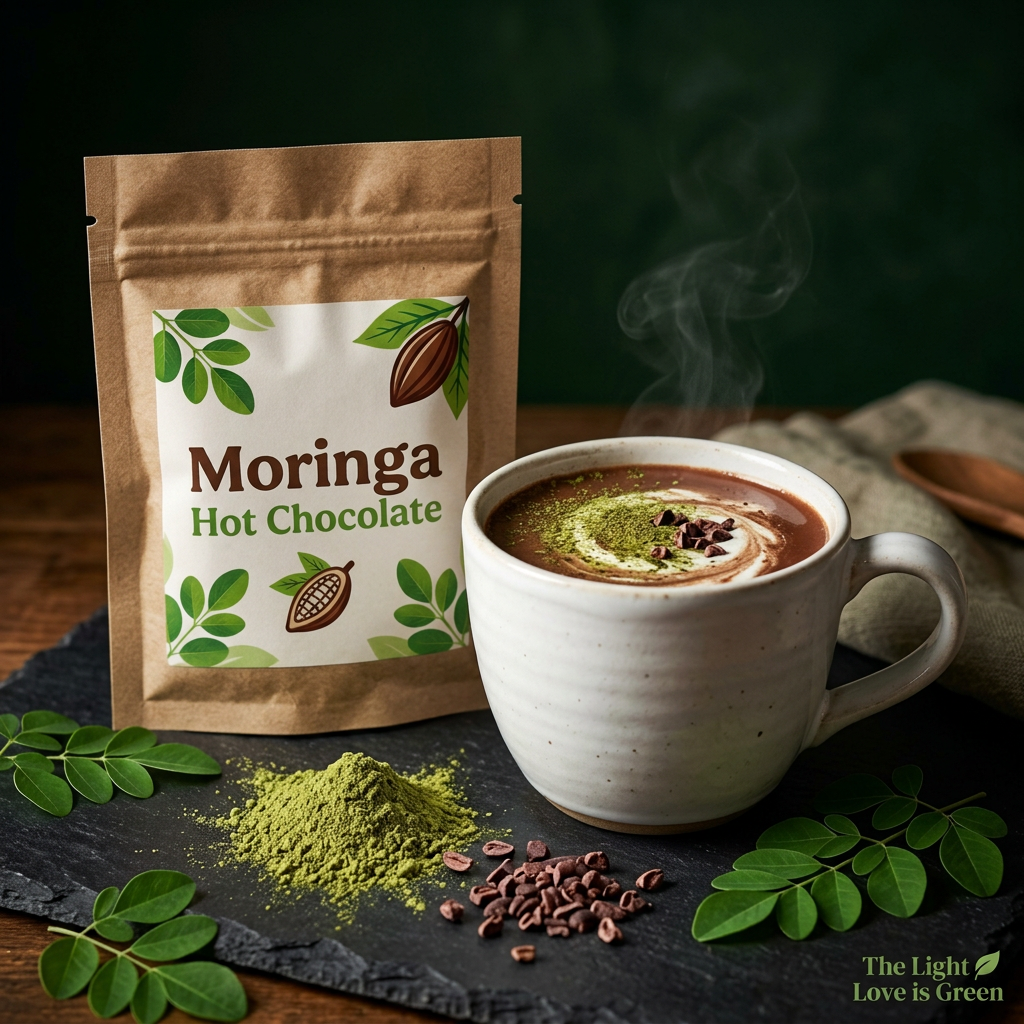 Moringa hot chocolate lifestyle bag and steaming mug