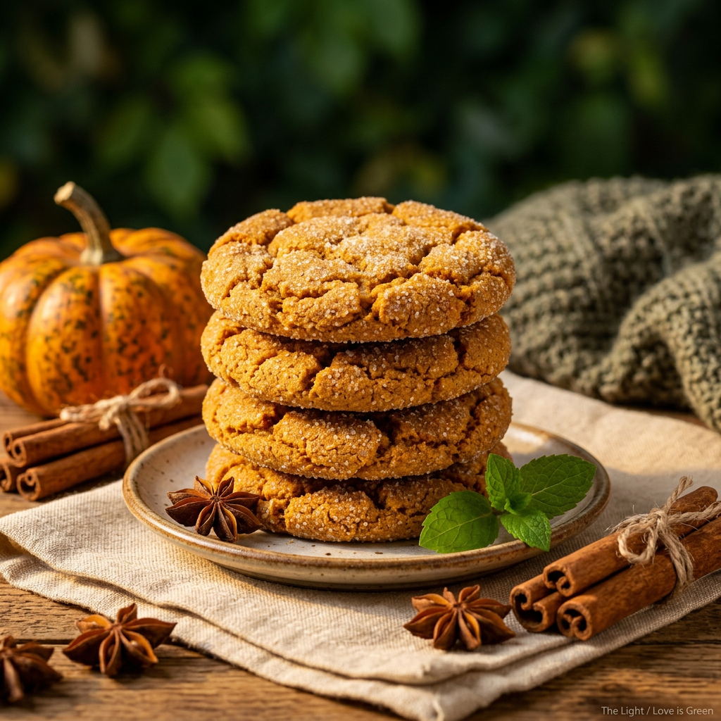 Pumpkin spice cookies lifestyle rustic plate bokeh greenery