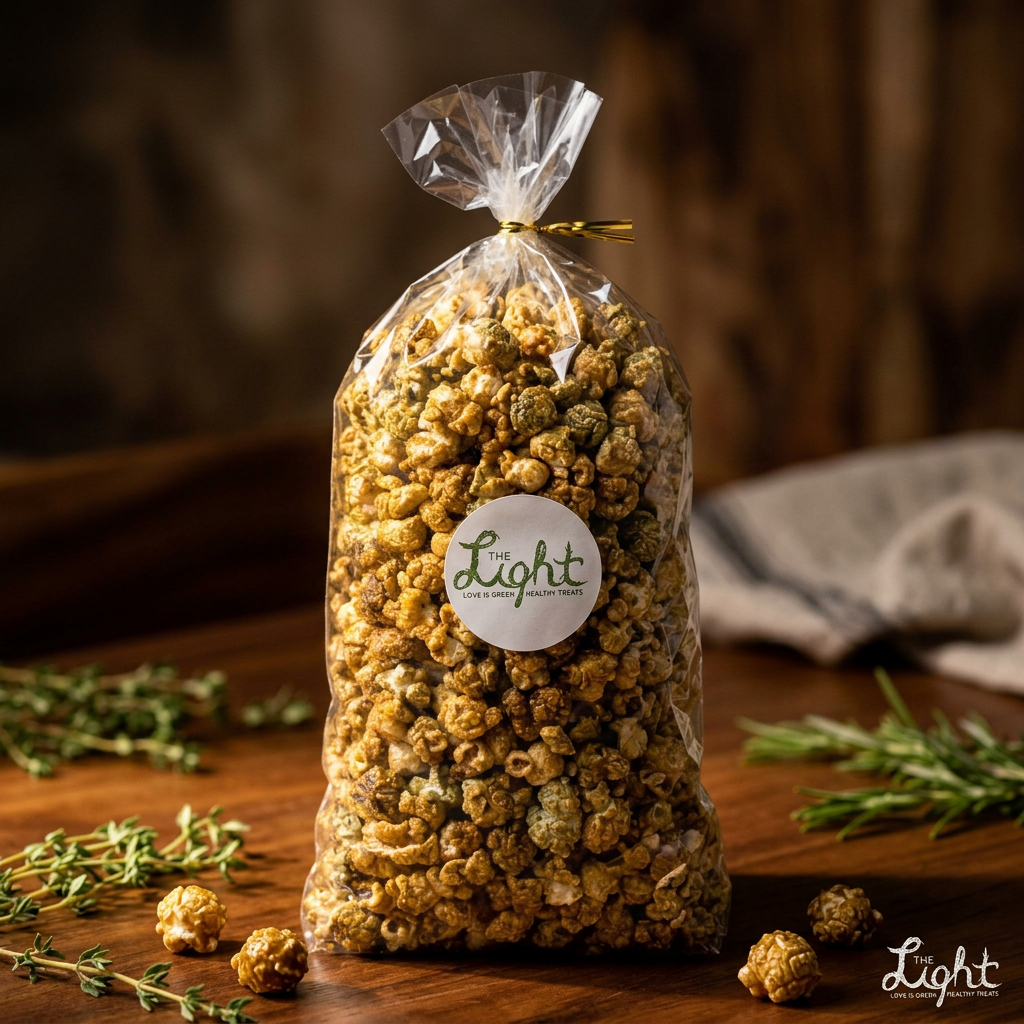 Popcorn bag lifestyle on dark wood
