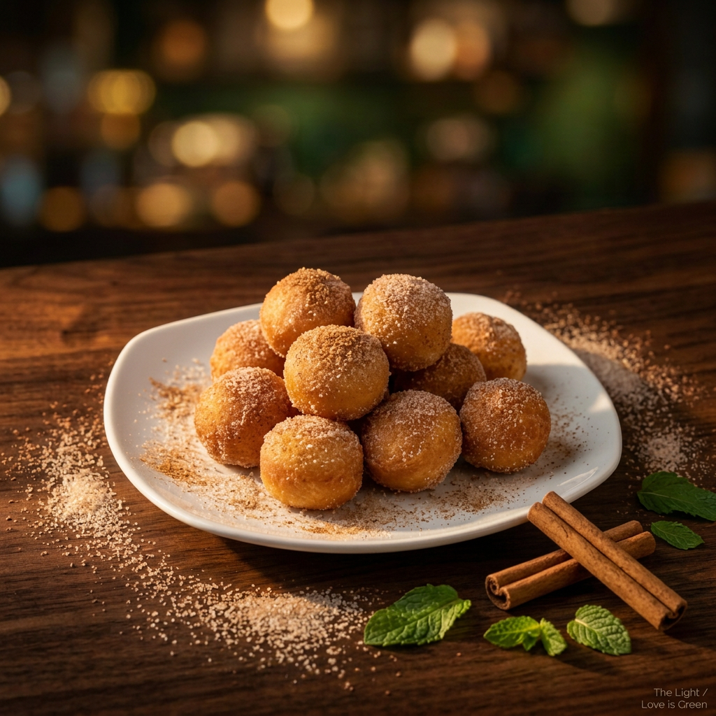 Cinnamon sugar donut holes lifestyle dark wood